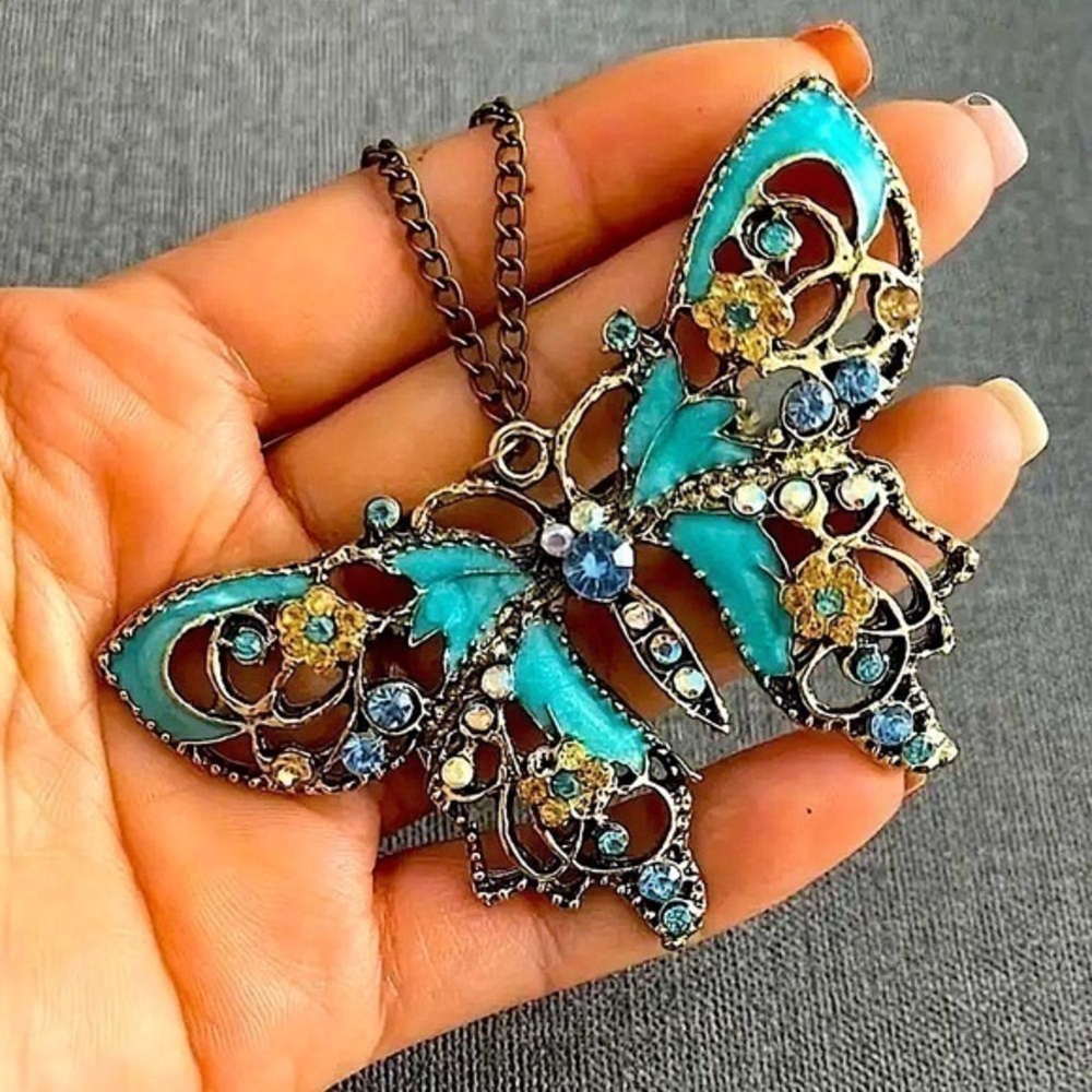 Boho Teal Butterfly Pendant Necklace Art Nouveau Enamel Rhinestone Cottagecore - Picture 2 of 12